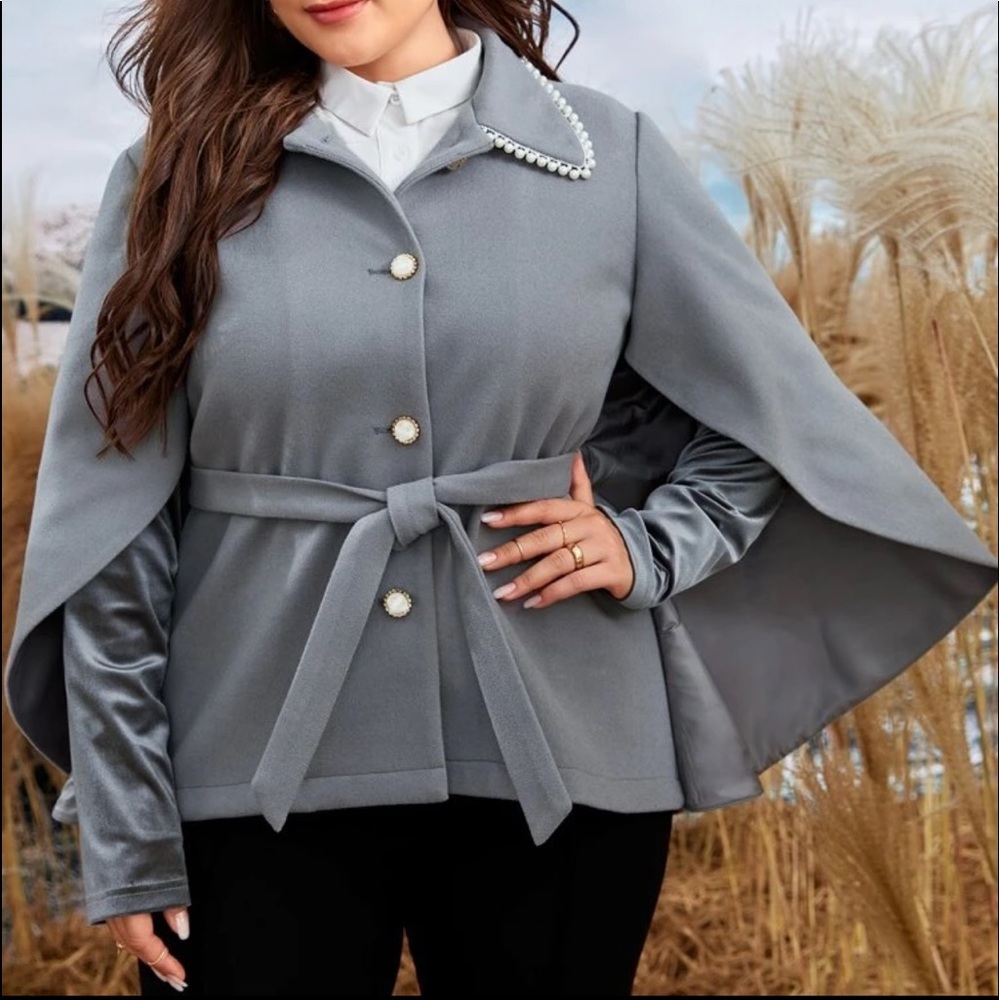 Belted Cape Coat with Pearl button accents